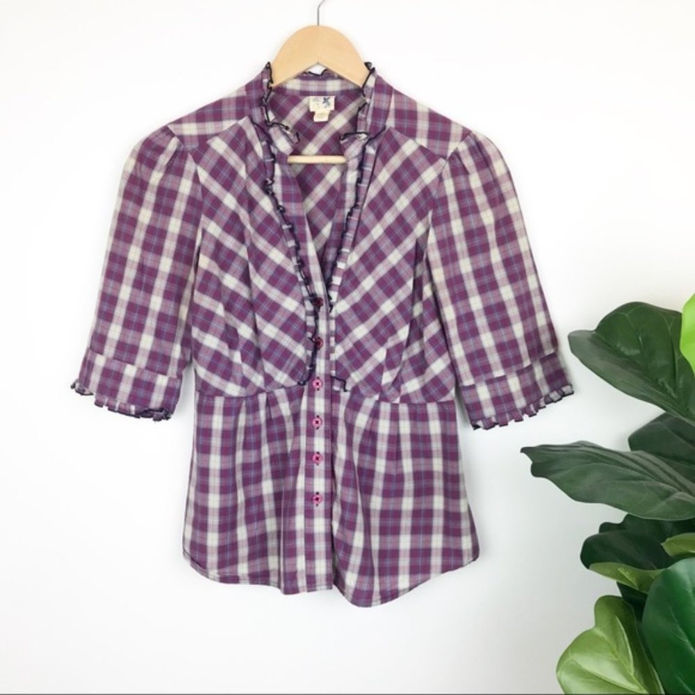 Anthropologie Purple and White Plaid Button-Down Shirt